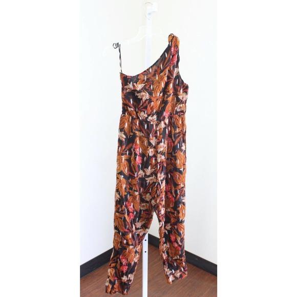 Maeve Anthropologie Kyoto One Shoulder Metallic Floral Jumpsuit Size 2 Black - Picture 3 of 8